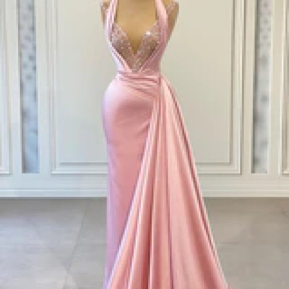 Peach Prom Dress,Pleats Prom Dress,Halter Prom Dress,Satin Evening Dress Y6619 main image 1